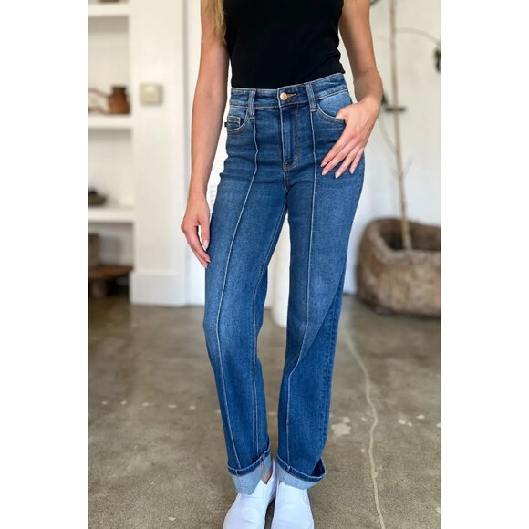 NWT 💙Judy Blue Front Seam Detail, High Waist Straight Jeans, Cuffed, Flattering - Picture 5 of 10